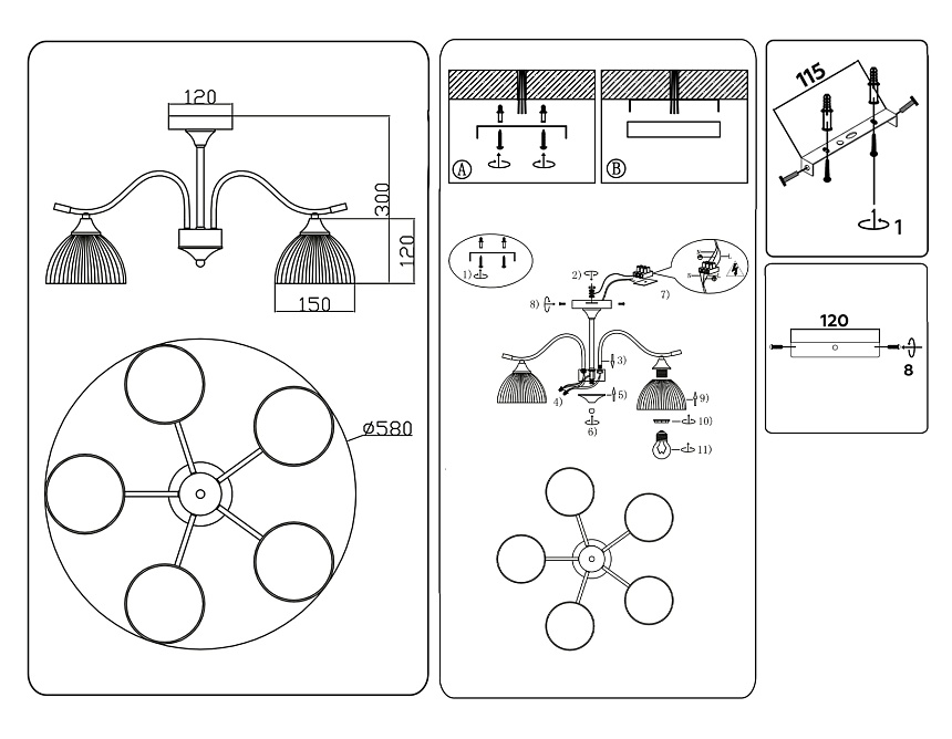 TR3162/5 BK/FGD черный/золото E27/5 max 60W D580*300